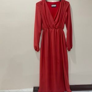 Red waist slit plain Vneck maxi long sleeves dress